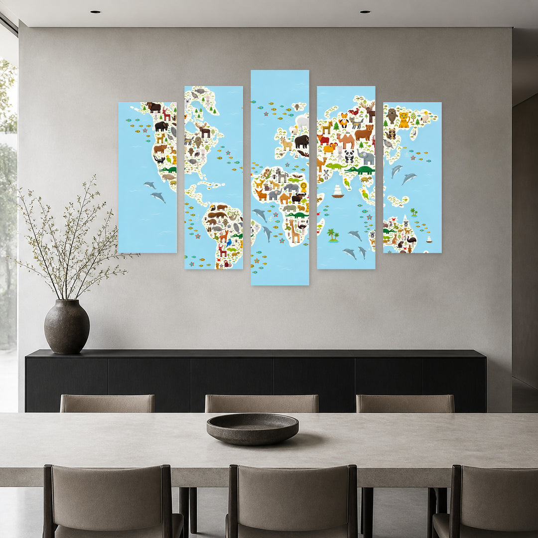 Cartoon Animal World Map for Children Playful Illustration — five-panel wall art in frontal interior | 5wallart 54720 M3