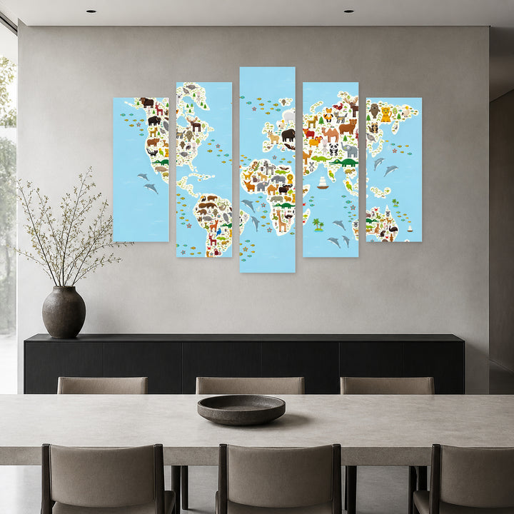 Cartoon Animal World Map for Children Playful Illustration — five-panel wall art in frontal interior | 5wallart 54720 M3