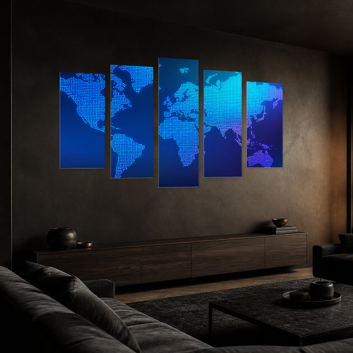 Dotted World Map in Serene Light — five-panel wall art in perspective interior | 5wallart 54721 M2