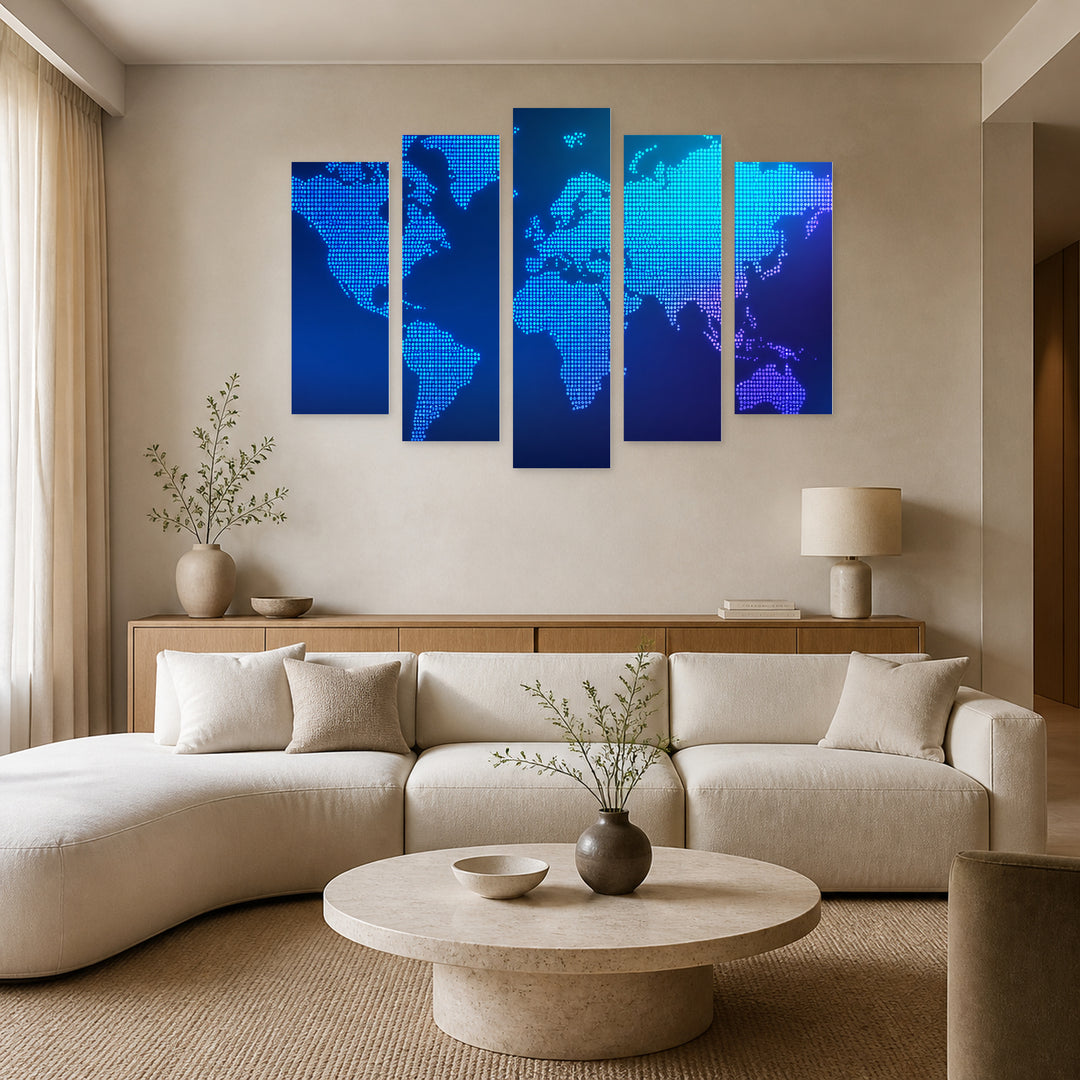 Dotted World Map in Serene Light — five-panel wall art in frontal interior | 5wallart 54721 M3
