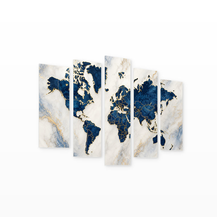 A World Map in Blue and Gold — five-panel wall art on white background in perspective | 5wallart 54722 M1