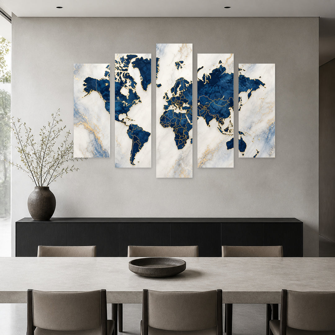 A World Map in Blue and Gold — five-panel wall art in frontal interior | 5wallart 54722 M3