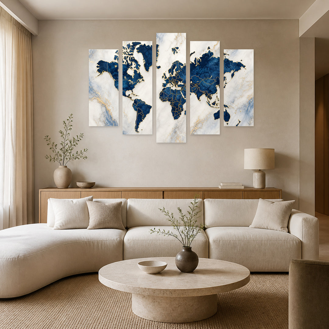 A World Map in Blue and Gold — five-panel wall art in alternate frontal interior | 5wallart 54722 M4
