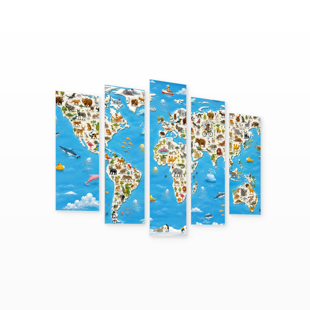 Animal World Map in Vivid Color — five-panel wall art on white background in perspective | 5wallart 54723 M1