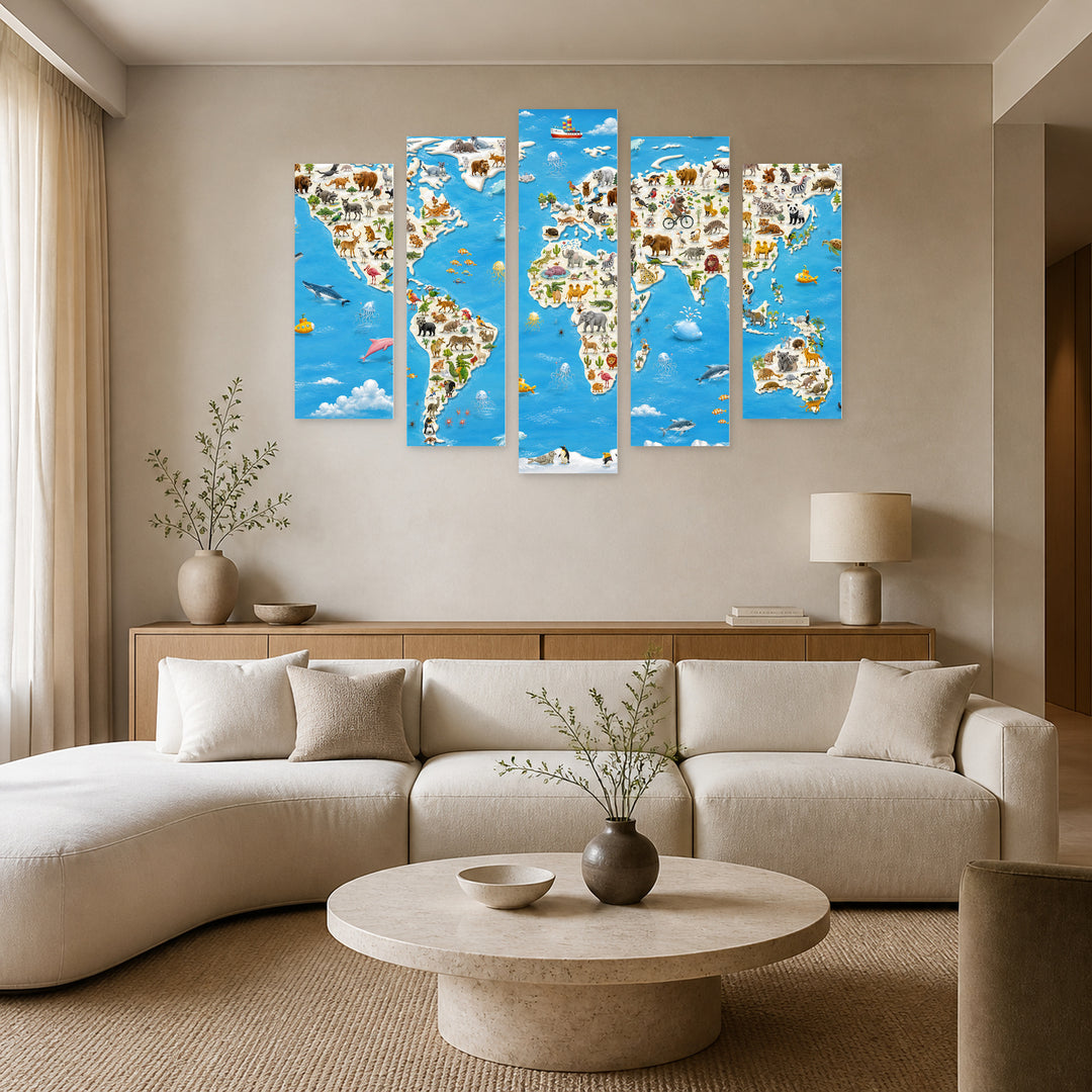 Animal World Map in Vivid Color — five-panel wall art in frontal interior | 5wallart 54723 M3