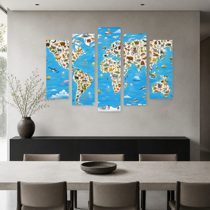 Animal World Map in Vivid Color — five-panel wall art in alternate frontal interior | 5wallart 54723 M4