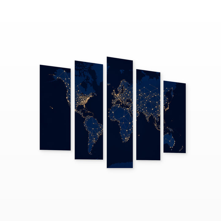 Map of the Abstract Night World Vintage Study — five-panel wall art on white background in perspective | 5wallart 54724 M1