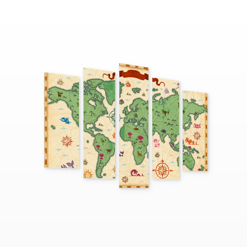 Colorful Map of the Ancient World Vintage Study — five-panel wall art on white background in perspective | 5wallart 54725 M1