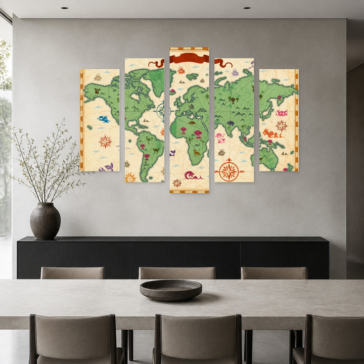 Colorful Map of the Ancient World Vintage Study — five-panel wall art in alternate frontal interior | 5wallart 54725 M4