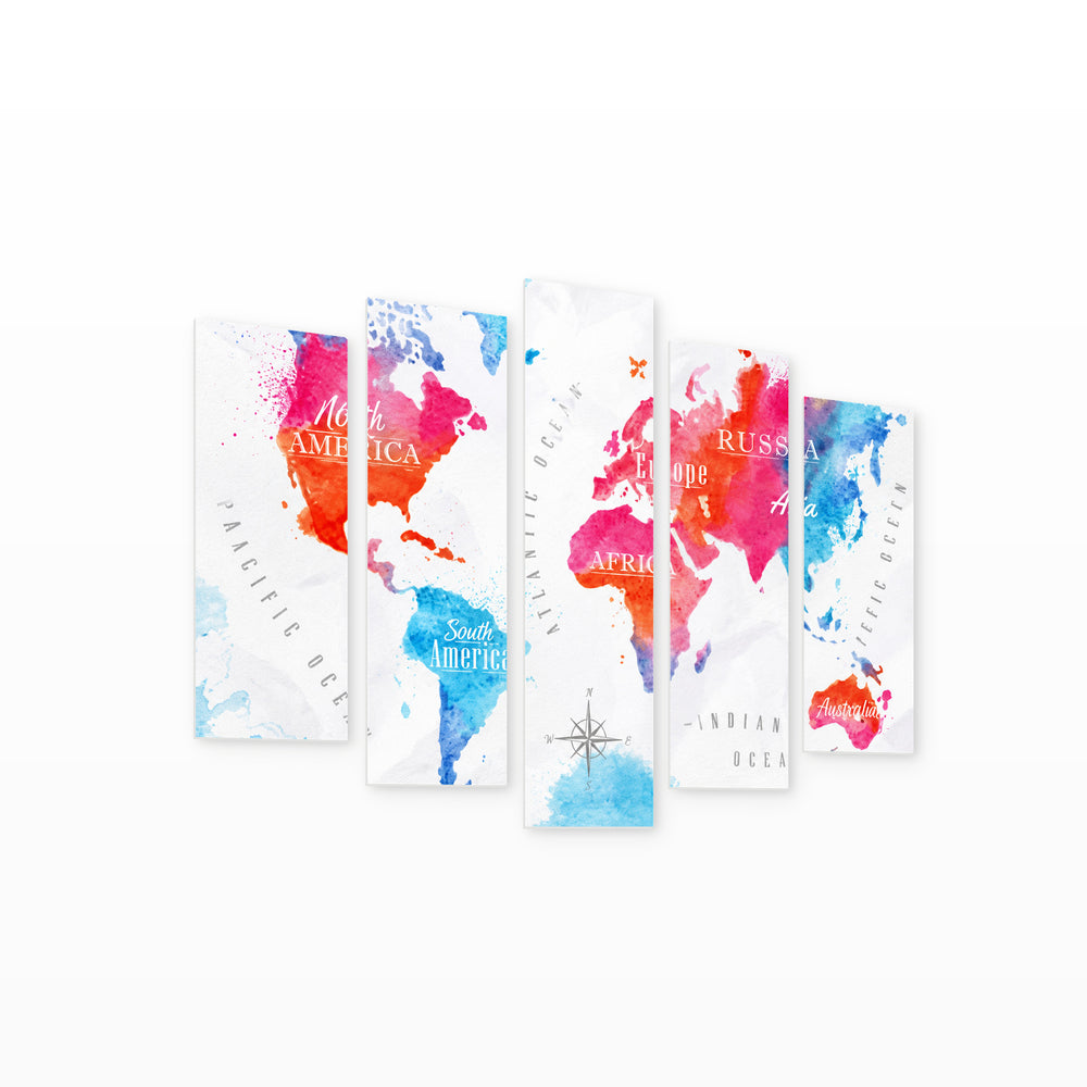 Watercolor World Map with Geometric Rhythm — five-panel wall art on white background in perspective | 5wallart 54726 M1