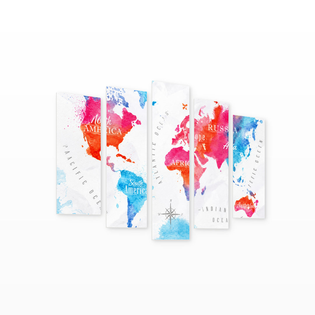Watercolor World Map with Geometric Rhythm — five-panel wall art on white background in perspective | 5wallart 54726 M1