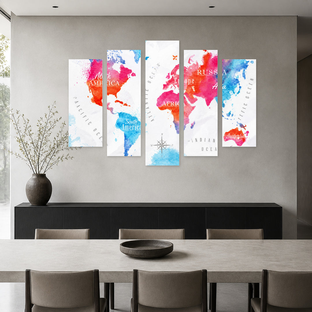 Watercolor World Map with Geometric Rhythm — five-panel wall art in frontal interior | 5wallart 54726 M3