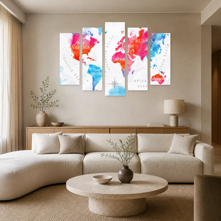 Watercolor World Map with Geometric Rhythm — five-panel wall art in alternate frontal interior | 5wallart 54726 M4