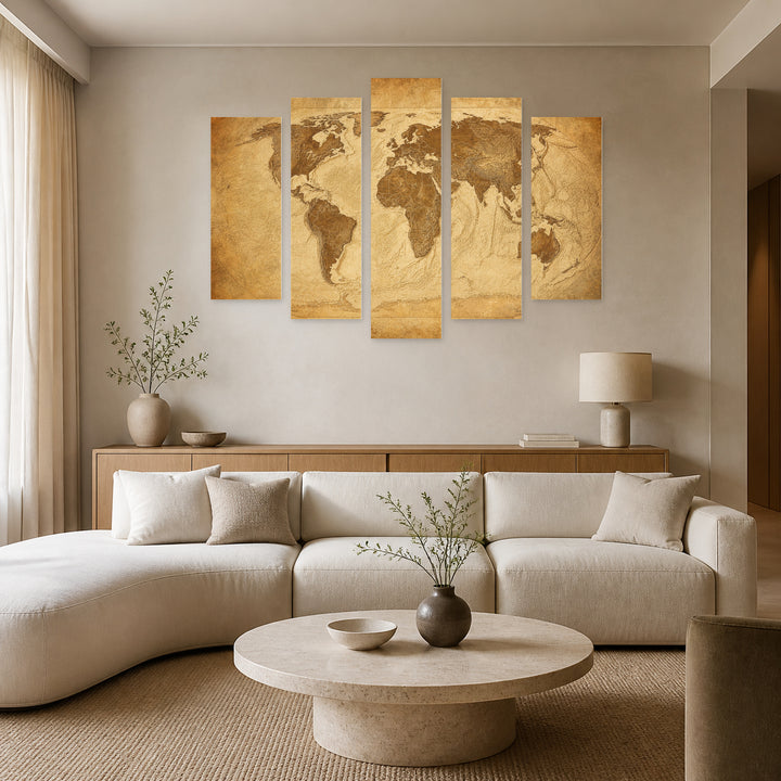 Vintage Classic Map Vintage Study — five-panel wall art in frontal interior | 5wallart 54727 M3