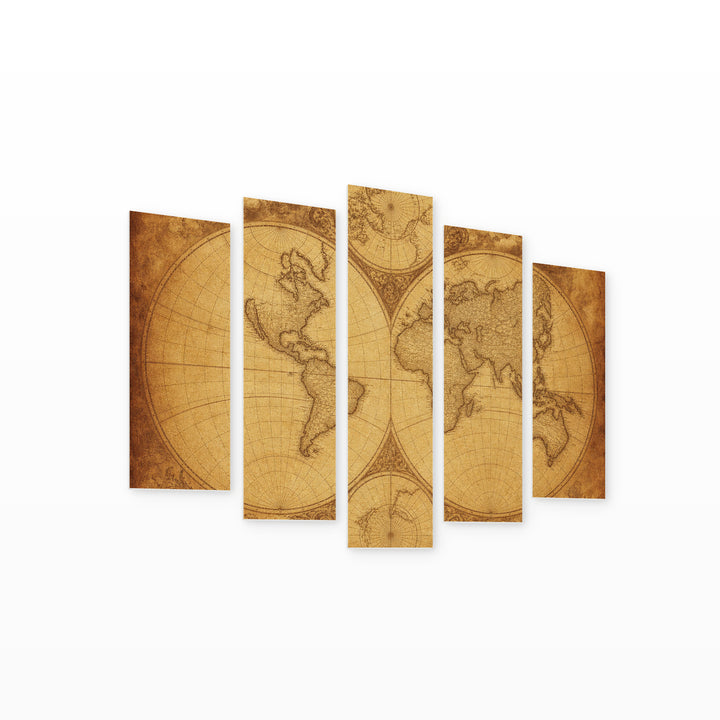 Antique World Map in Serene Light II — five-panel wall art on white background in perspective | 5wallart 54728 M1