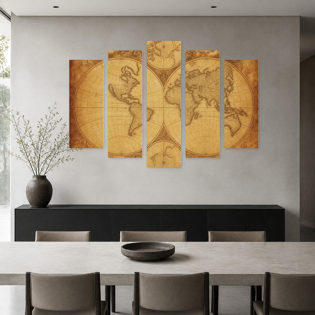 Antique World Map in Serene Light II — five-panel wall art in frontal interior | 5wallart 54728 M3