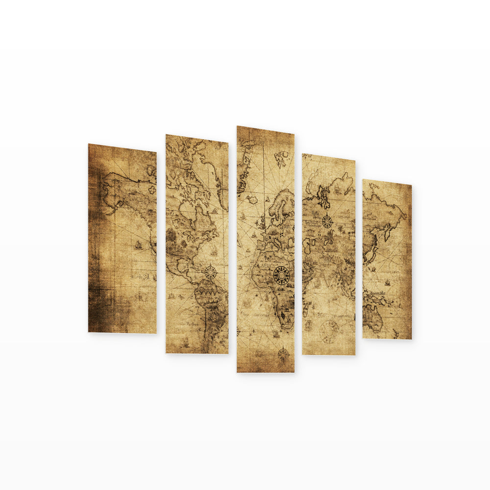 Ancient World Map Vintage Study — five-panel wall art on white background in perspective | 5wallart 54729 M1