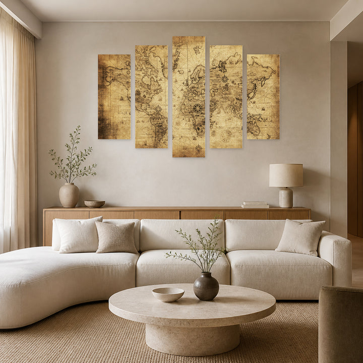 Ancient World Map Vintage Study — five-panel wall art in frontal interior | 5wallart 54729 M3