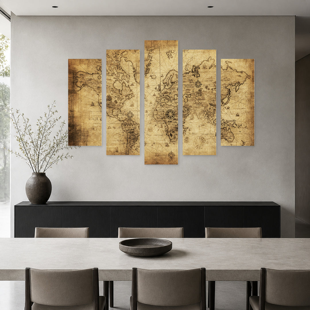Ancient World Map Vintage Study — five-panel wall art in alternate frontal interior | 5wallart 54729 M4