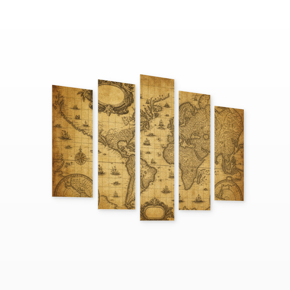 Antique World Map with Details Vintage Study — five-panel wall art on white background in perspective | 5wallart 54730 M1