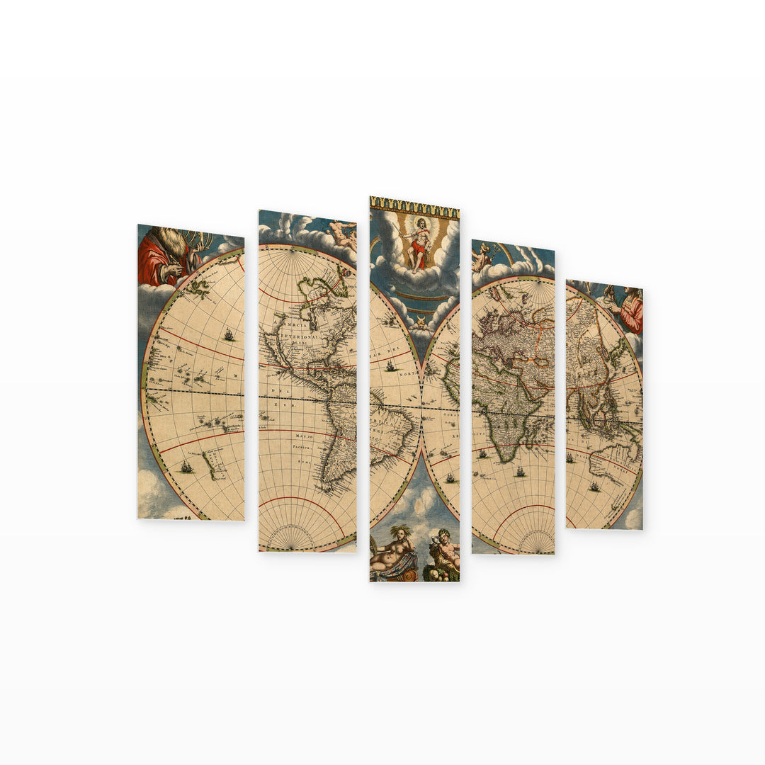 Ancient Map with Vintage Character — five-panel wall art on white background in perspective | 5wallart 54731 M1