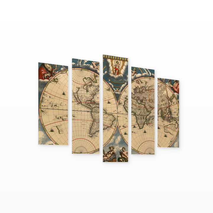 Ancient Map with Vintage Character — five-panel wall art on white background in perspective | 5wallart 54731 M1