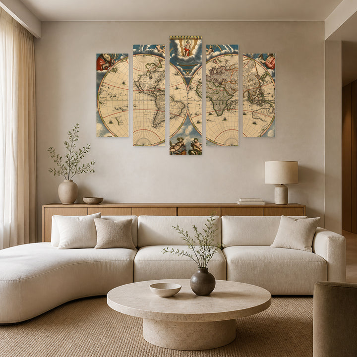 Ancient Map with Vintage Character — five-panel wall art in frontal interior | 5wallart 54731 M3