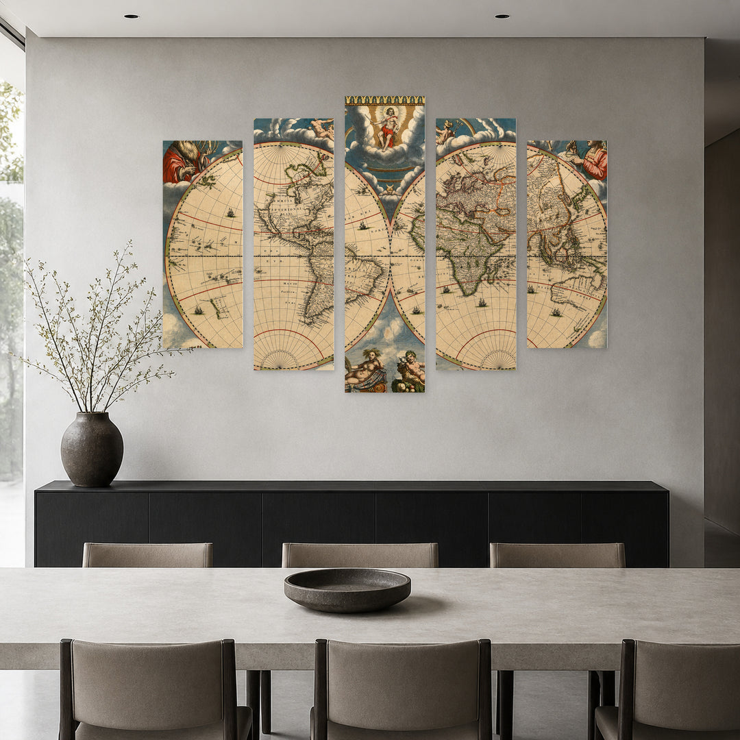 Ancient Map with Vintage Character — five-panel wall art in alternate frontal interior | 5wallart 54731 M4