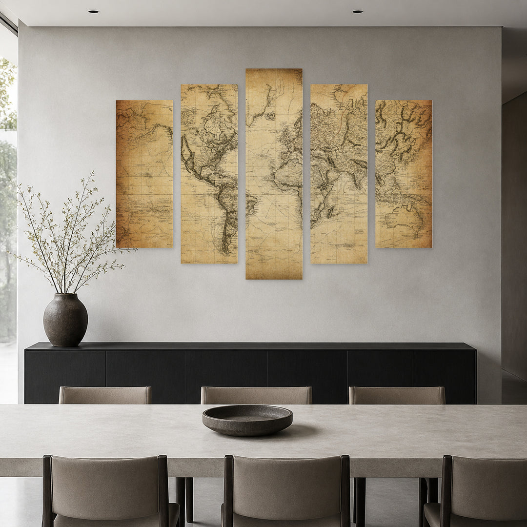 Antique Map Vintage Study — five-panel wall art in frontal interior | 5wallart 54732 M3