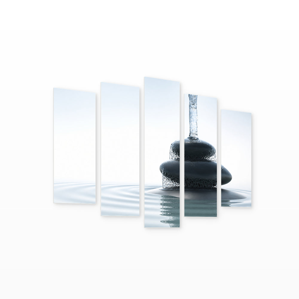 Zen Waterfall in Serene Light — five-panel wall art on white background in perspective | 5wallart 54733 M1
