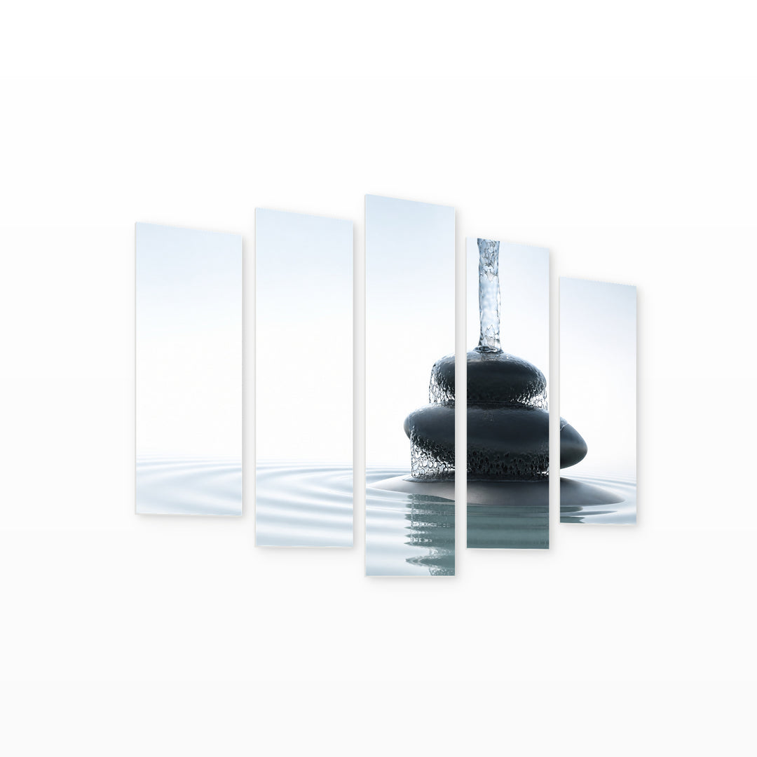 Zen Waterfall in Serene Light — five-panel wall art on white background in perspective | 5wallart 54733 M1