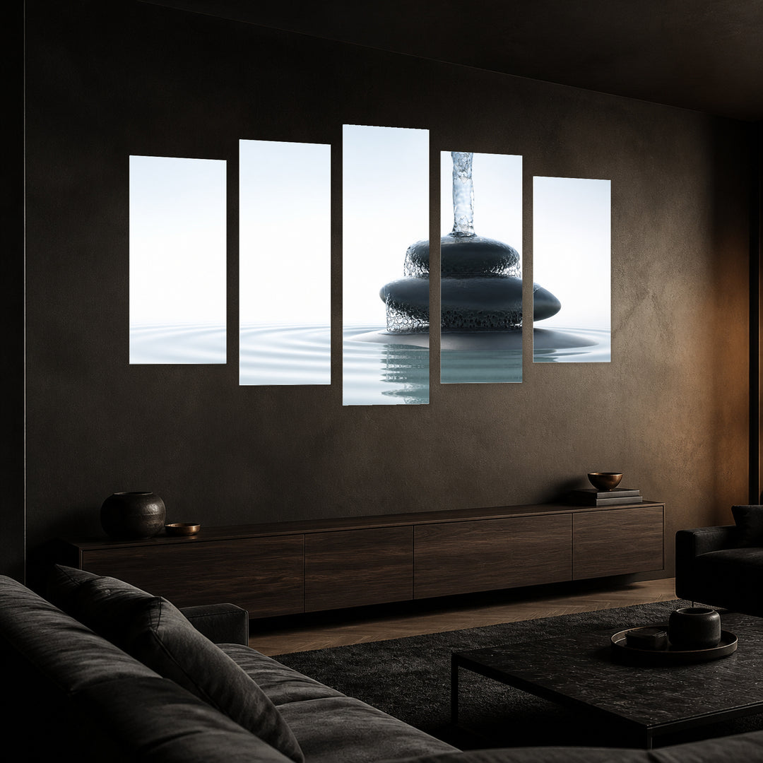 Zen Waterfall in Serene Light — five-panel wall art in perspective interior | 5wallart 54733 M2