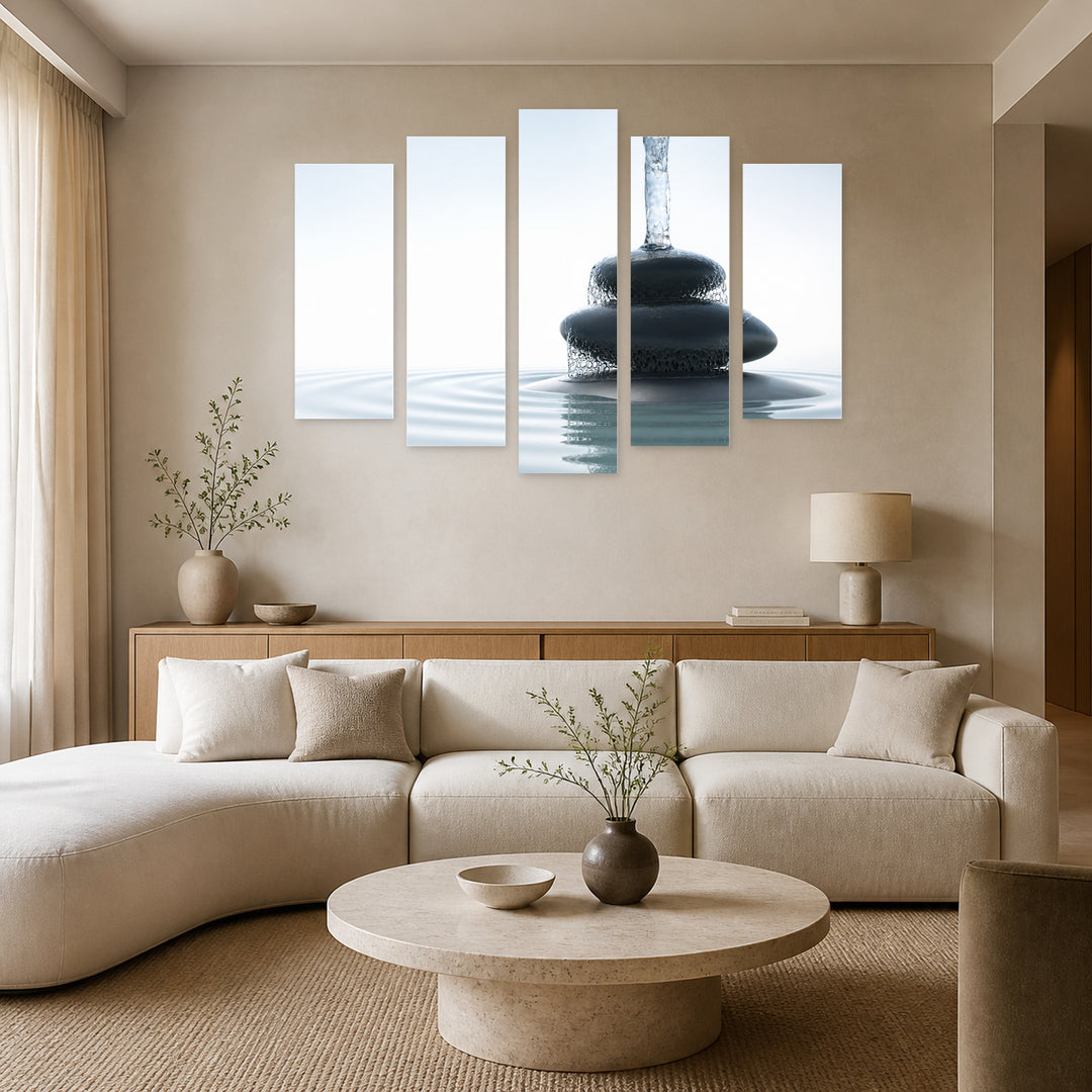 Zen Waterfall in Serene Light — five-panel wall art in frontal interior | 5wallart 54733 M3