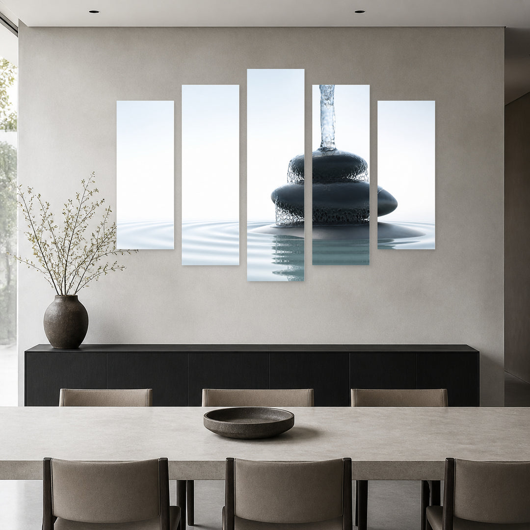 Zen Waterfall in Serene Light — five-panel wall art in alternate frontal interior | 5wallart 54733 M4