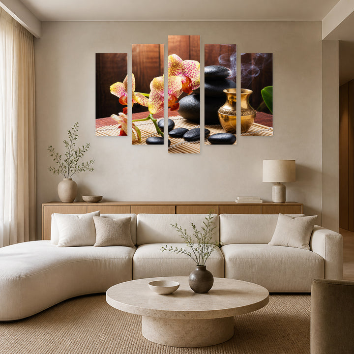 Spa Concept with Geometric Rhythm II — five-panel wall art in alternate frontal interior | 5wallart 54734 M4