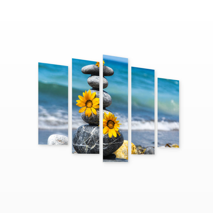 Zen Stones and Yellow Flowers in Vivid Color — five-panel wall art on white background in perspective | 5wallart 54735 M1