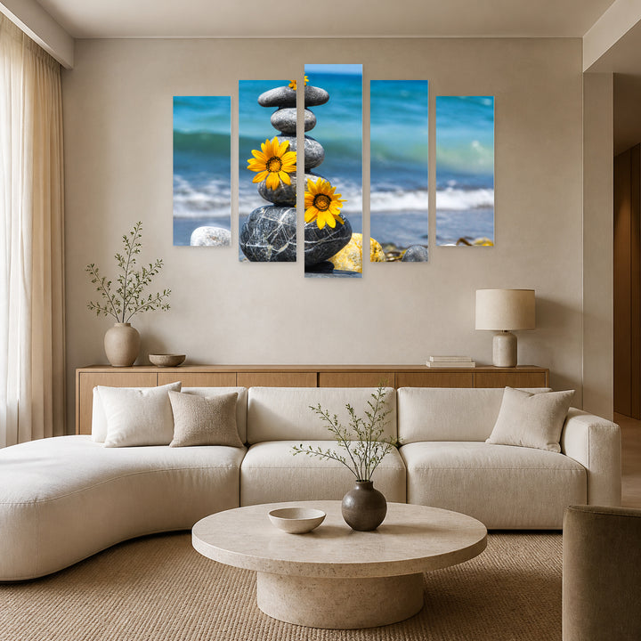 Zen Stones and Yellow Flowers in Vivid Color — five-panel wall art in frontal interior | 5wallart 54735 M3