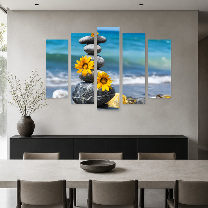 Zen Stones and Yellow Flowers in Vivid Color — five-panel wall art in alternate frontal interior | 5wallart 54735 M4