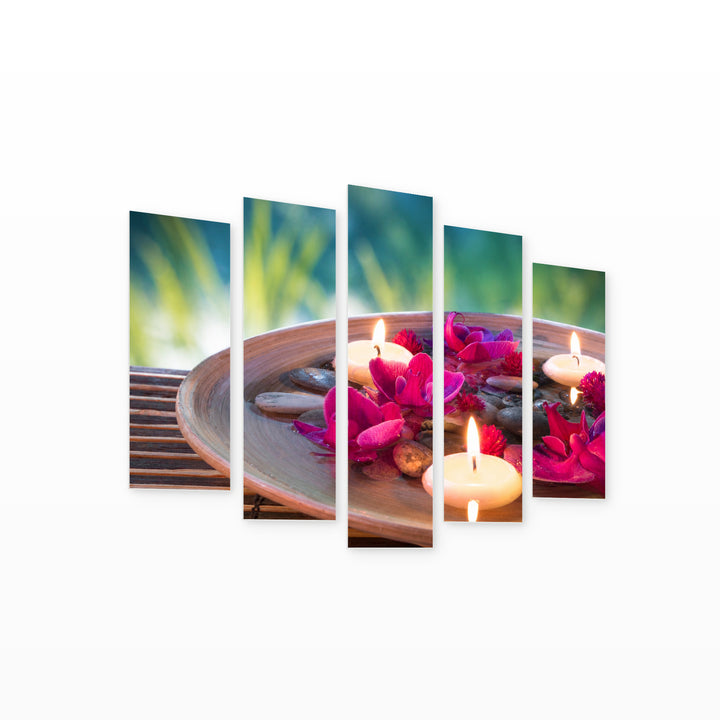Spa Center with Floating Candles with Geometric Rhythm — five-panel wall art on white background in perspective | 5wallart 54736 M1