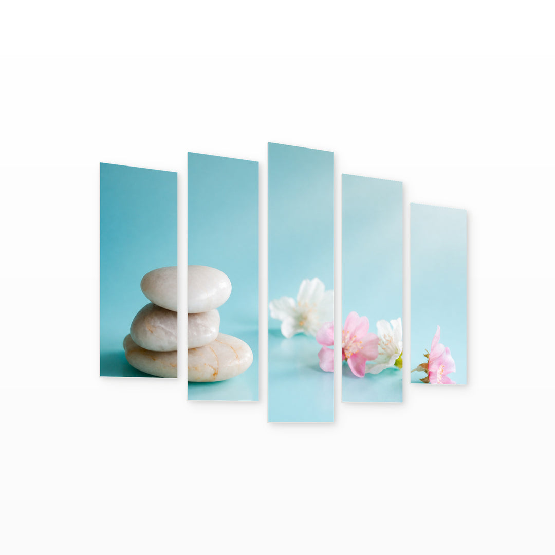 Balance of White Pebbles with Geometric Rhythm — five-panel wall art on white background in perspective | 5wallart 54737 M1