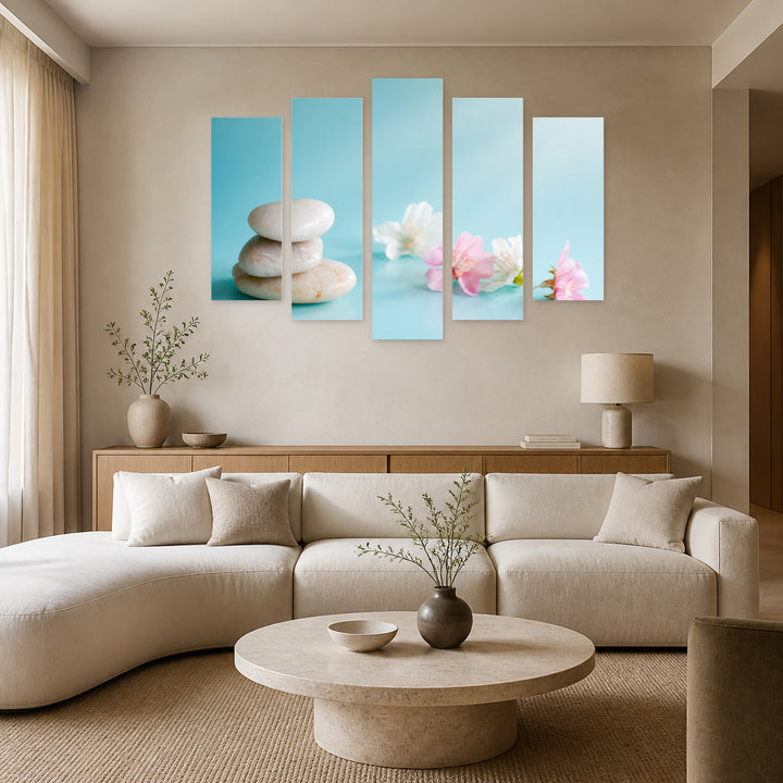 Balance of White Pebbles with Geometric Rhythm — five-panel wall art in frontal interior | 5wallart 54737 M3