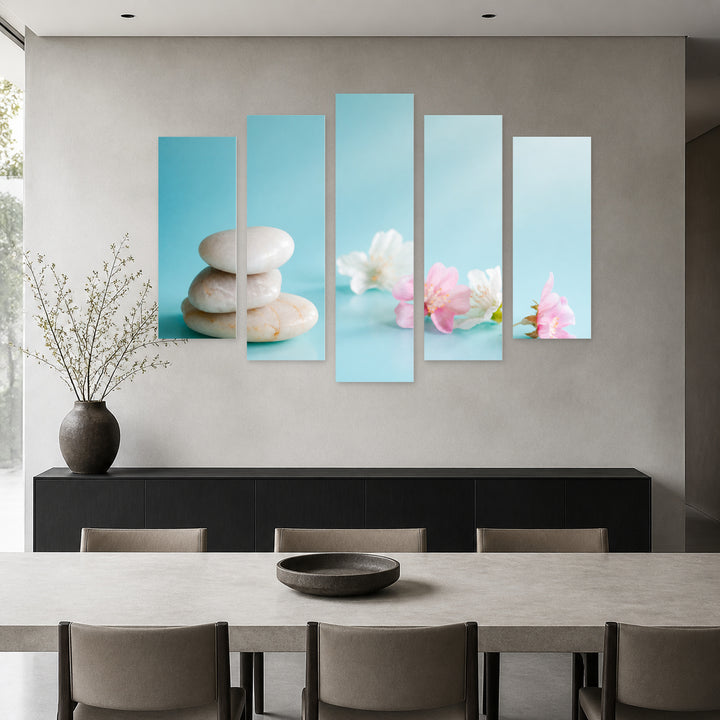 Balance of White Pebbles with Geometric Rhythm — five-panel wall art in alternate frontal interior | 5wallart 54737 M4