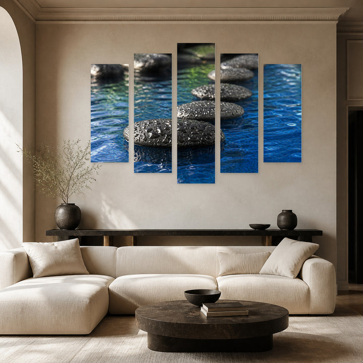 Spa Feeling with Geometric Rhythm — five-panel wall art in alternate frontal interior | 5wallart 54738 M4