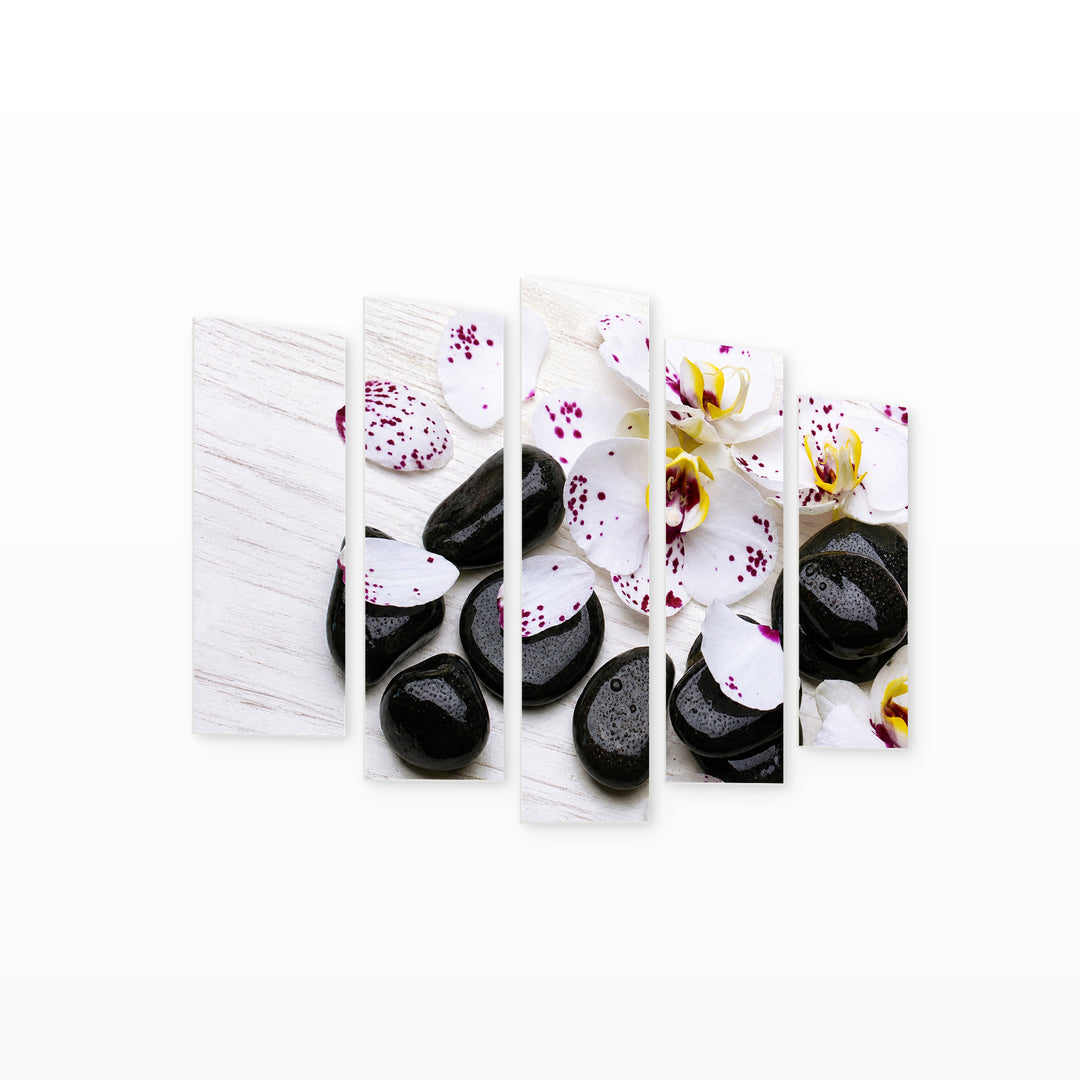 Orchids and Zen Stones with Geometric Rhythm — five-panel wall art on white background in perspective | 5wallart 54740 M1