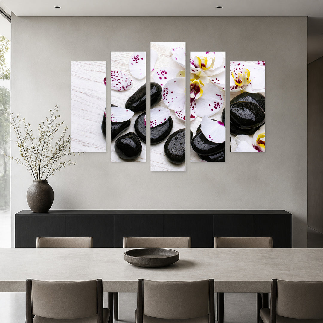 Orchids and Zen Stones with Geometric Rhythm — five-panel wall art in frontal interior | 5wallart 54740 M3