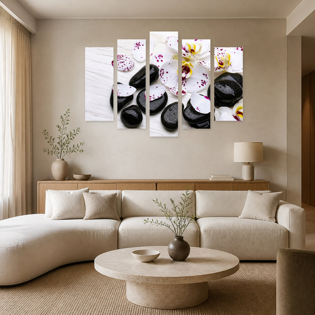 Orchids and Zen Stones with Geometric Rhythm — five-panel wall art in alternate frontal interior | 5wallart 54740 M4