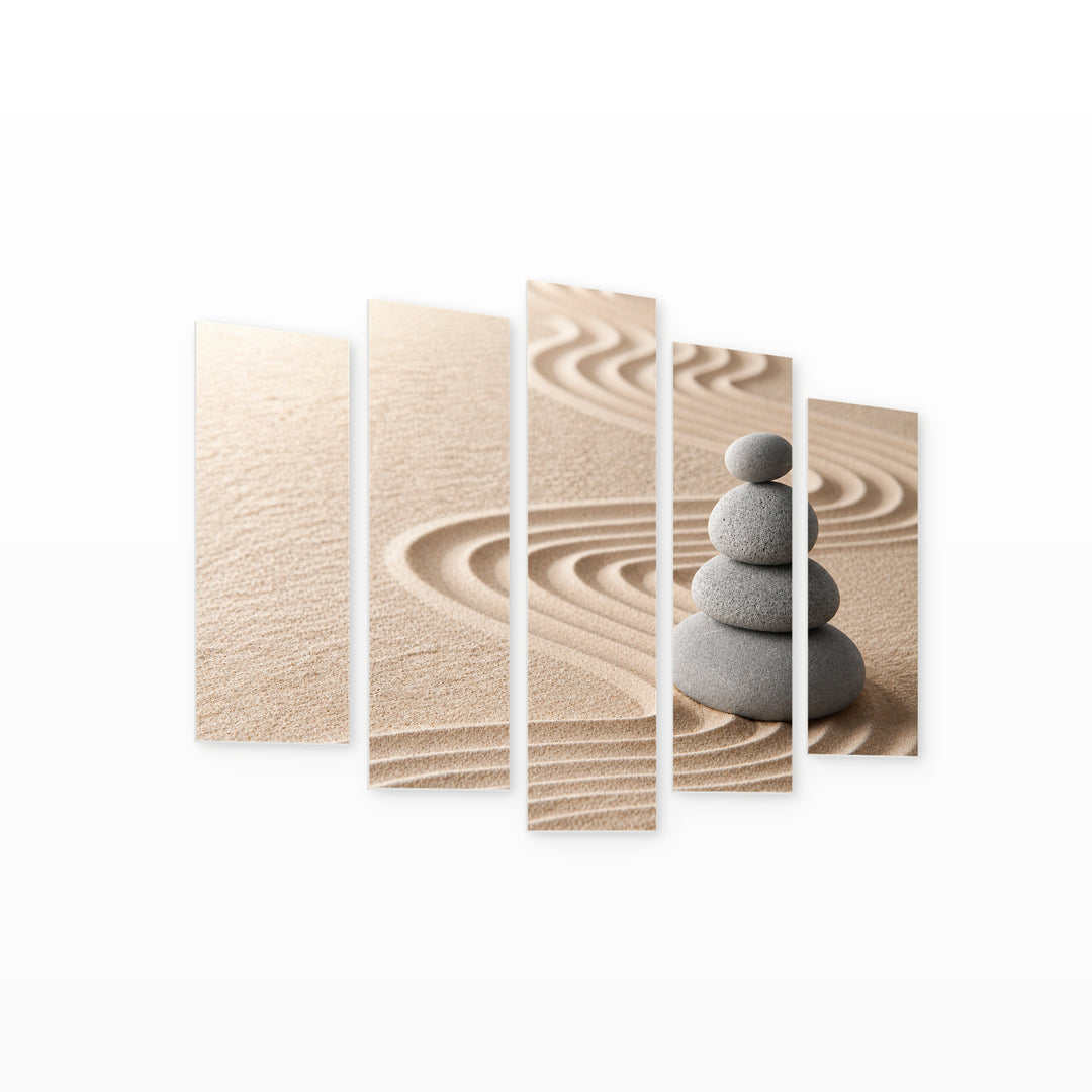 Zen Garden for Meditation in Serene Light — five-panel wall art on white background in perspective | 5wallart 54741 M1