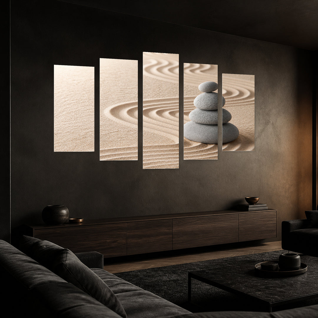 Zen Garden for Meditation in Serene Light — five-panel wall art in perspective interior | 5wallart 54741 M2