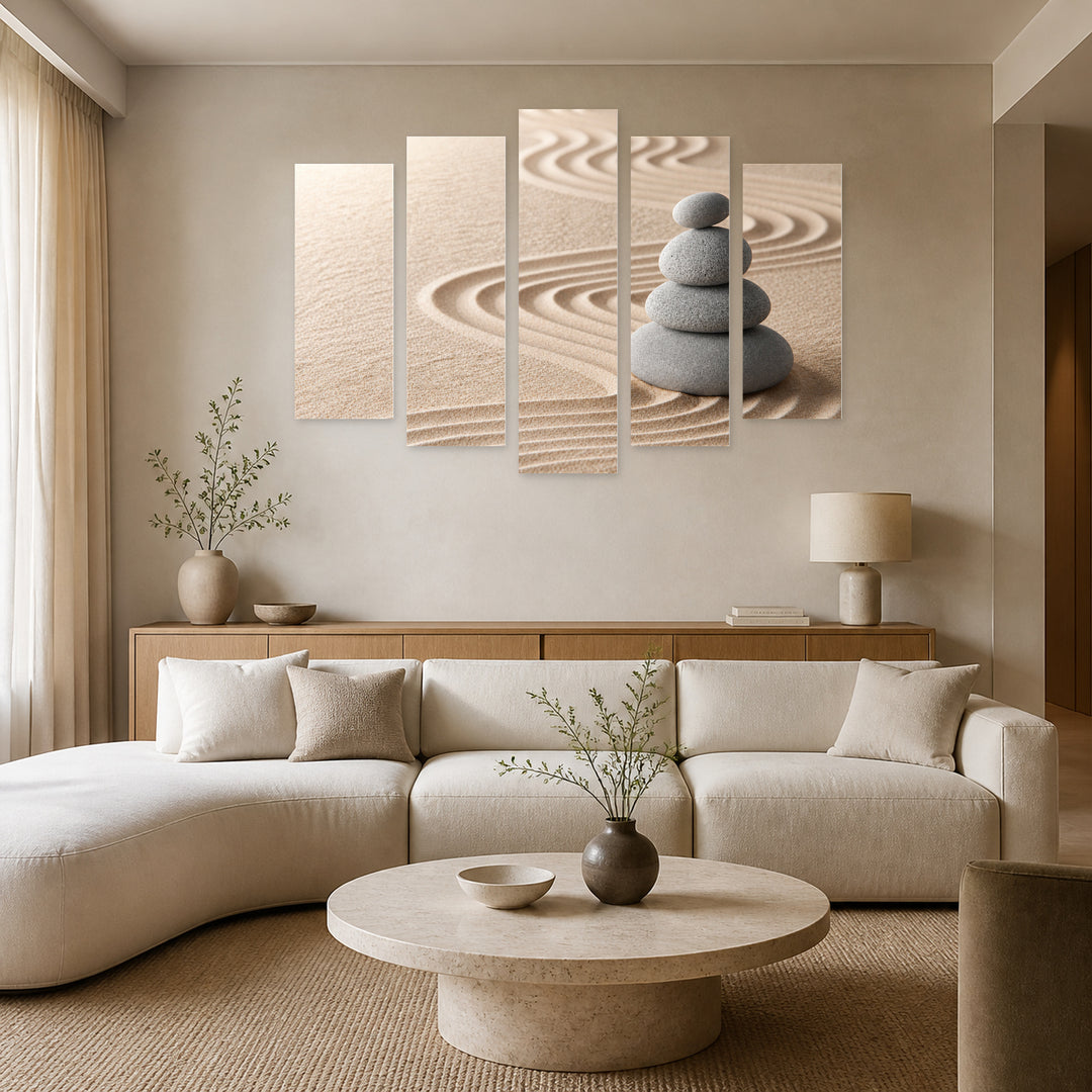 Zen Garden for Meditation in Serene Light — five-panel wall art in frontal interior | 5wallart 54741 M3