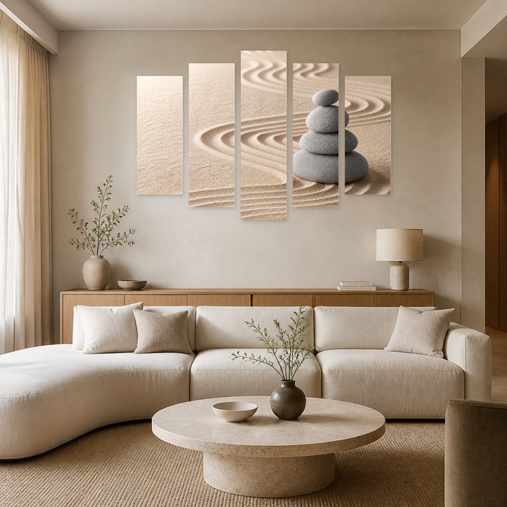 Zen Garden for Meditation in Serene Light — five-panel wall art in frontal interior | 5wallart 54741 M3